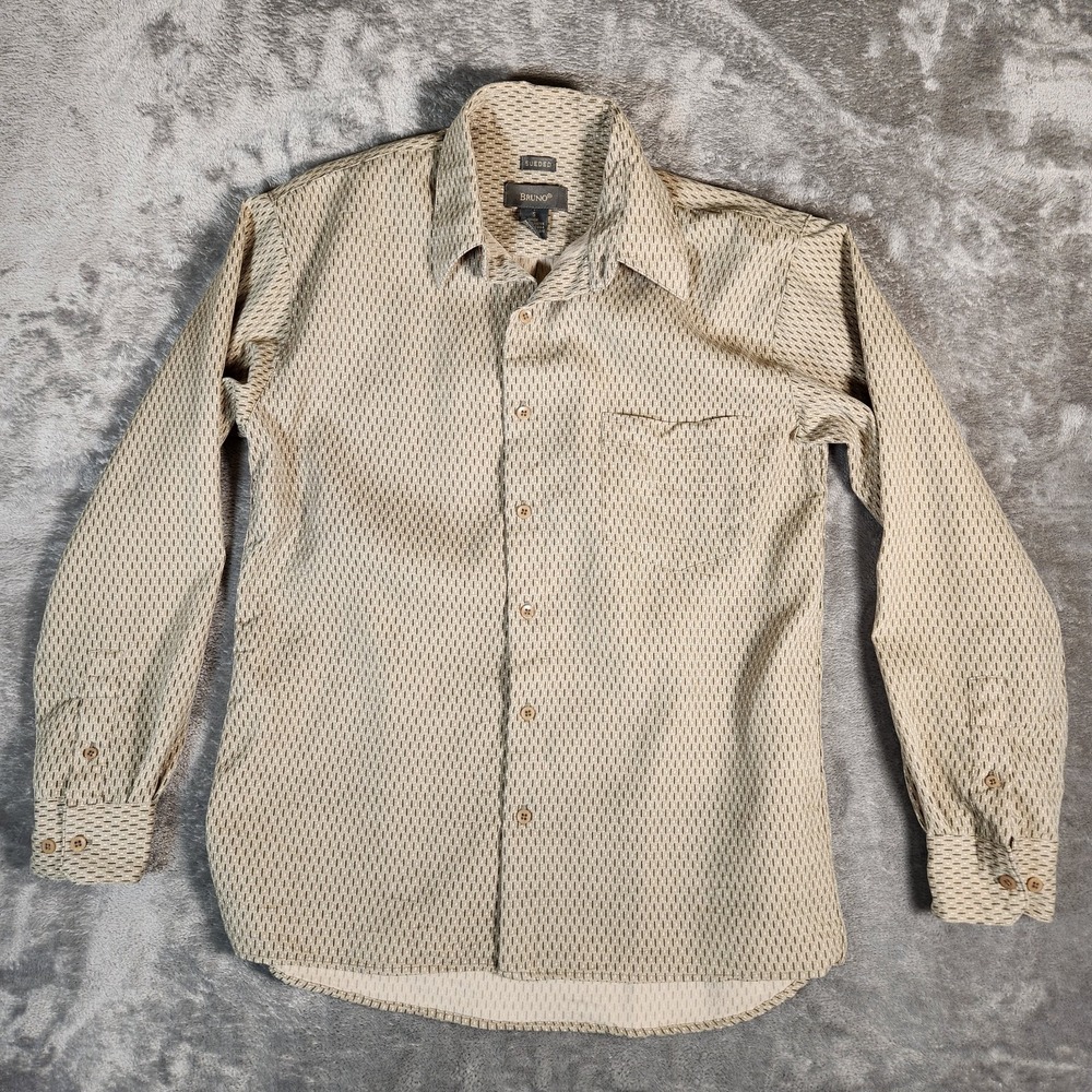 Bruno Button Down Shirt Men's Small S Beige‎ Sueded Microfiber Long Sleeve Tan